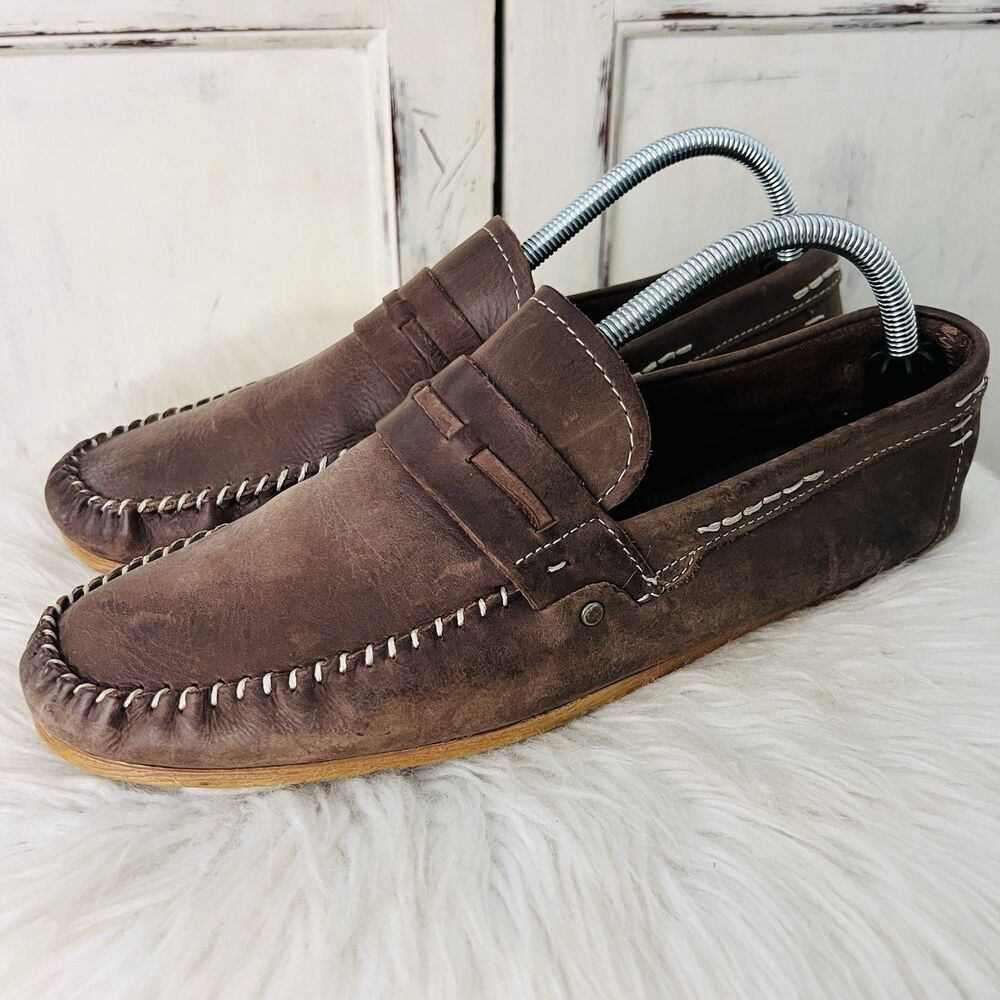 Lavorazione Artigiana Mens Brown Leather Handstitched Loafers Shoes EU43 US 10